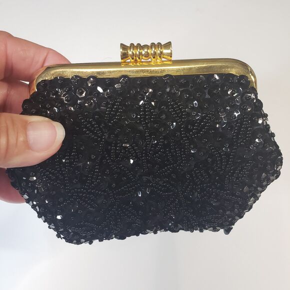 Elegant Vintage MCM Black Beaded Coin Purse 4" Kiss Lock Made in Hong Kong Bag - Picture 1 of 9